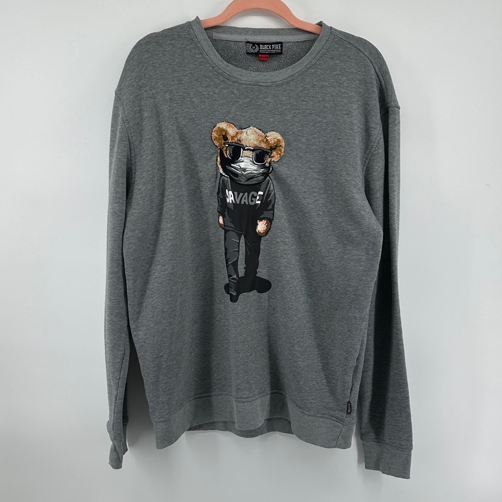 Black‎ Pyramid Streetwear Edge Urban Savage Bear Graphic Gray Sweatshirt SzXL